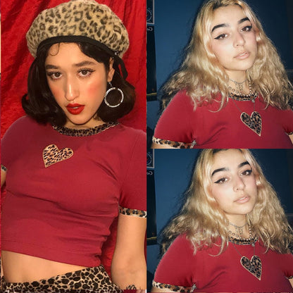 Cute Sexy Leopard Animal Print Heart Crop Top Short Sleeve Shirt Tee T-shirt E-Girl Kawaii Korean Japanese Harajuku Chinese Retro Streetwear Aesthetic