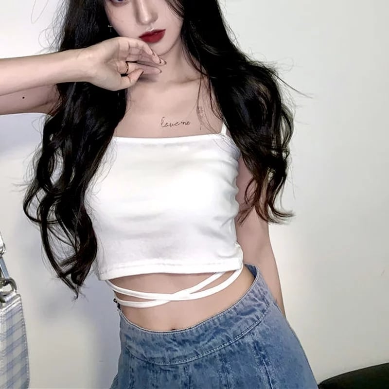 Cute Sexy Sweet Basic Cotton Camisole Sleeveless Crop Top Summer Aesthetic Casual E-Girl Kawaii Korean Japanese Harajuku