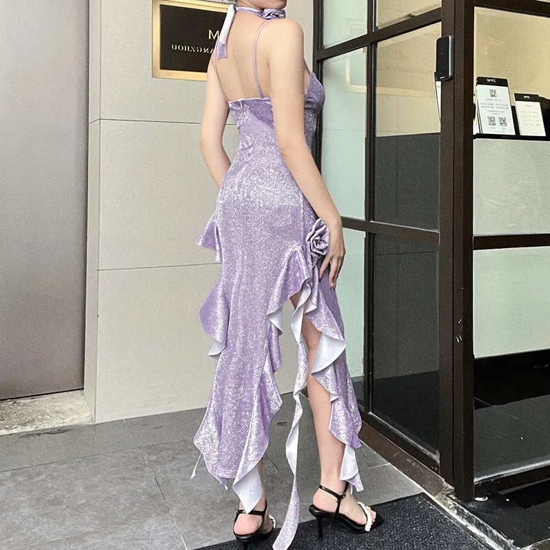 Purple Glitter Flower Frill Split Midi Dress