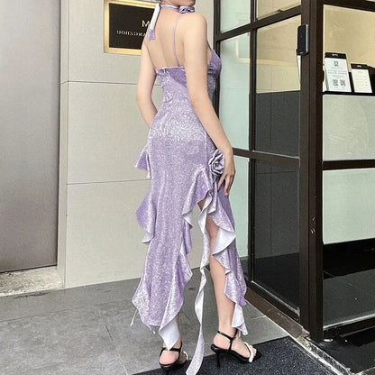 Purple Glitter Flower Frill Split Midi Dress