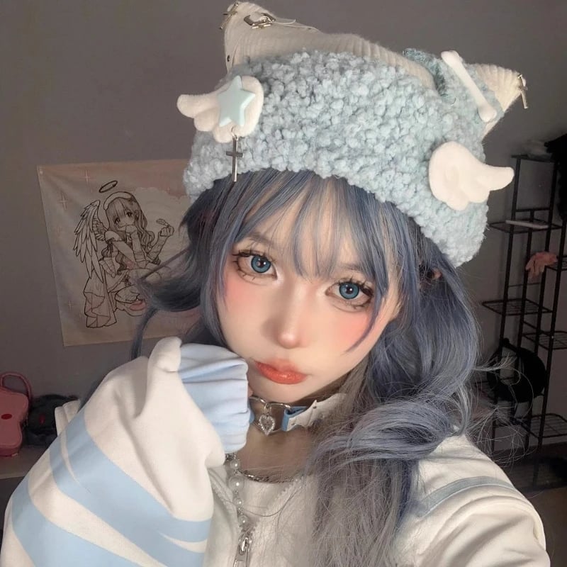 Blue Knit Star Cat Ears Hat