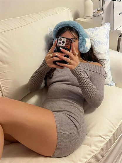 Grey Knit Off Shoulder Long Sleeve Jumpsuit