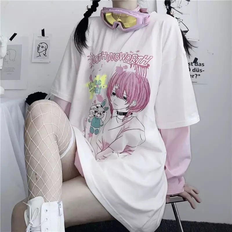 Goth Anime Girl Cartoon Print Loose Casual Sweatshirt Sweater Long Sleeve Shirt Pullover Jumper E-Girl Kawaii Korean Japanese Harajuku Streetwear