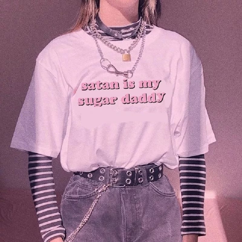 Cute Black Satan Sugar Daddy Print Short Sleeve T-shirt Goth Punk Aesthetic Casual Summer E-Girl Kawaii Korean Japanese Harajuku