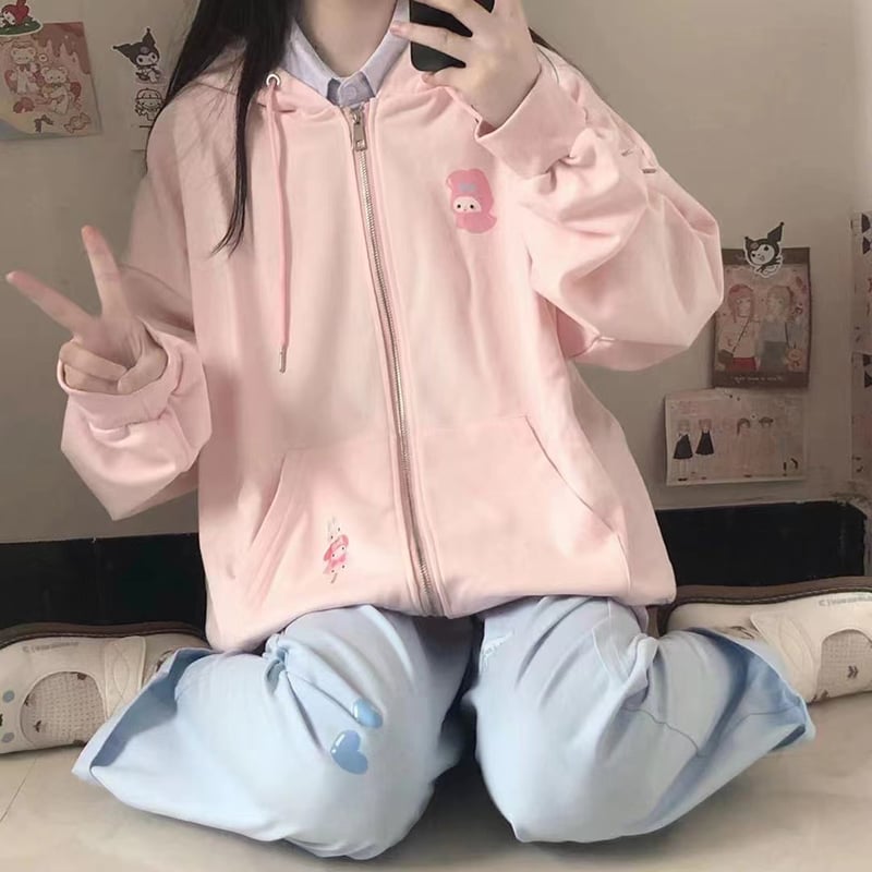 Pink Rabbit Print Oversized Hoodie