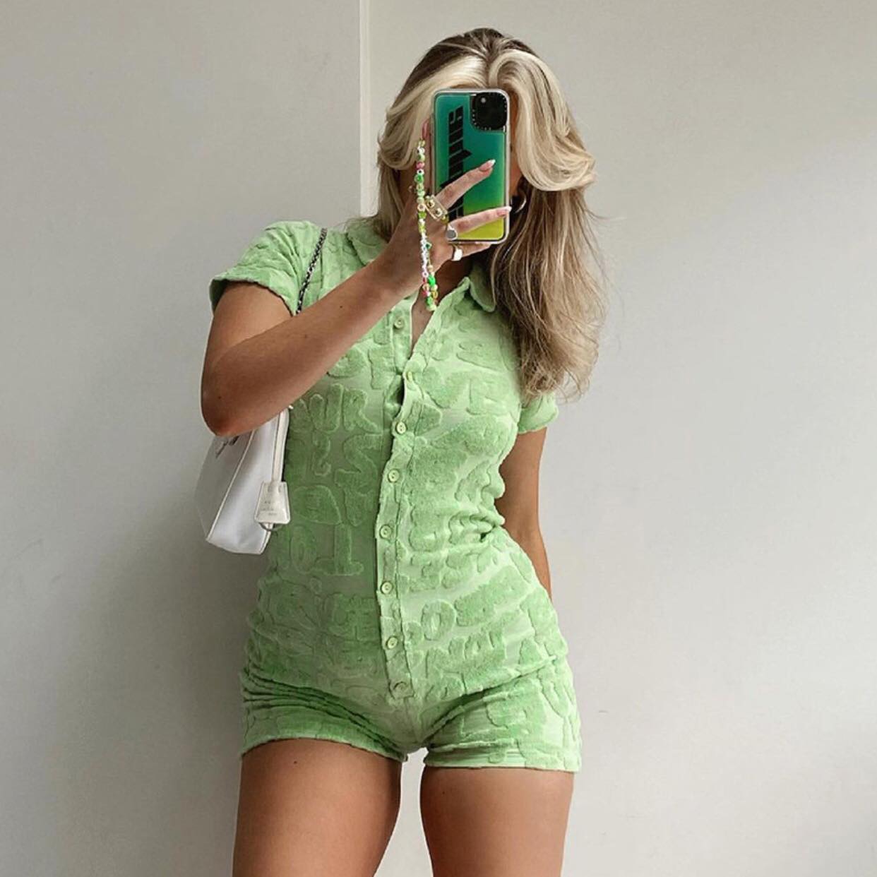 Green Heart Short Sleeve V-Neck Shirt Bodycon Playsuit Romper One Piece Summer Aesthetic Casual E-Girl Kawaii Korean Japanese Harajuku