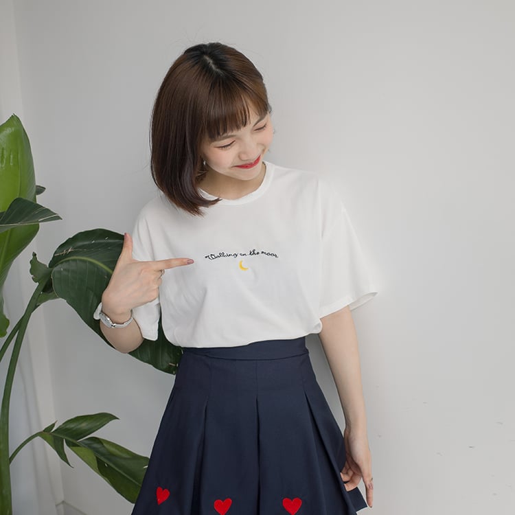 Cute Cresent Moon Sky Print Embroidery Shirt T-shirt Tee Top Kawaii Korean Japanese Harajuku Chinese Retro Streetwear Aesthetic Fashion