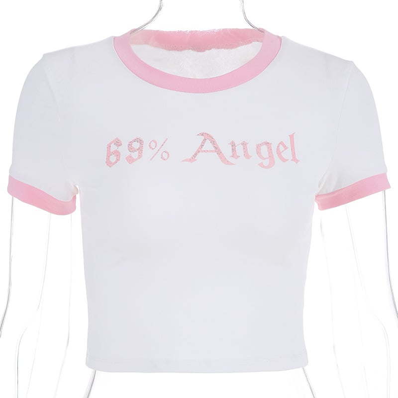 Cute Sexy Angel Pink Cartoon Crop Top Short Sleeve Shirt Tee T-shirt Kawaii Korean Japanese Harajuku Chinese Retro Streetwear Aesthetic Fashion
