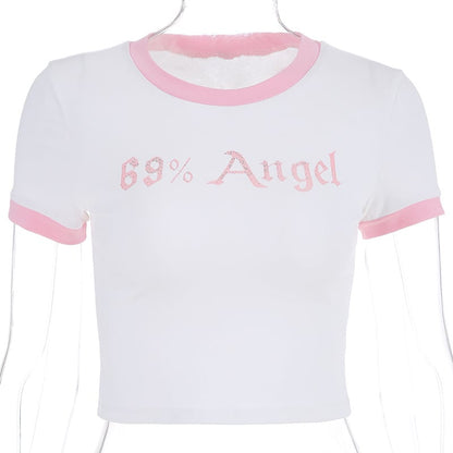 Cute Sexy Angel Pink Cartoon Crop Top Short Sleeve Shirt Tee T-shirt Kawaii Korean Japanese Harajuku Chinese Retro Streetwear Aesthetic Fashion