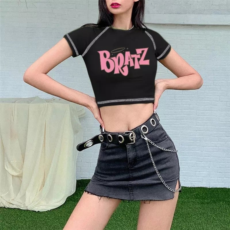 Cute Black Bratz Cartoon Vintage Sexy Crop Top Short Sleeve Shirt Tee T-shirt Summer Casual E-Girl Kawaii Korean Japanese Harajuku Streetwear