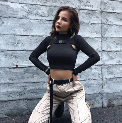 Cute Black Buckle Hollow Out Turtleneck Crop Top Long Sleeve Shirt Punk Goth Summer Aesthetic Casual E-Girl Kawaii Korean Japanese Harajuku
