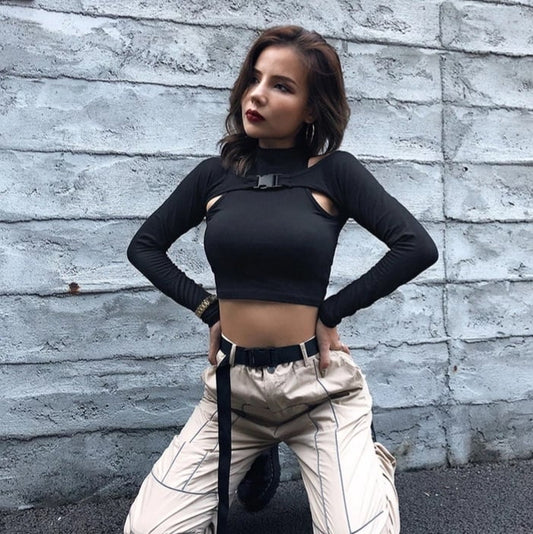 Cute Black Buckle Hollow Out Turtleneck Crop Top Long Sleeve Shirt Punk Goth Summer Aesthetic Casual E-Girl Kawaii Korean Japanese Harajuku