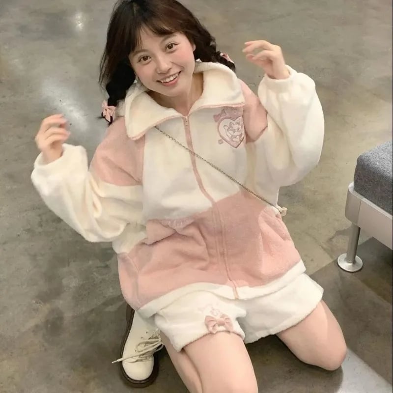 Pink Cat Cartoon Patchwork Jacket