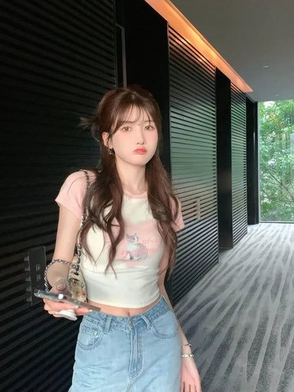 Cat Print Cropped Short Sleeve T-shirt