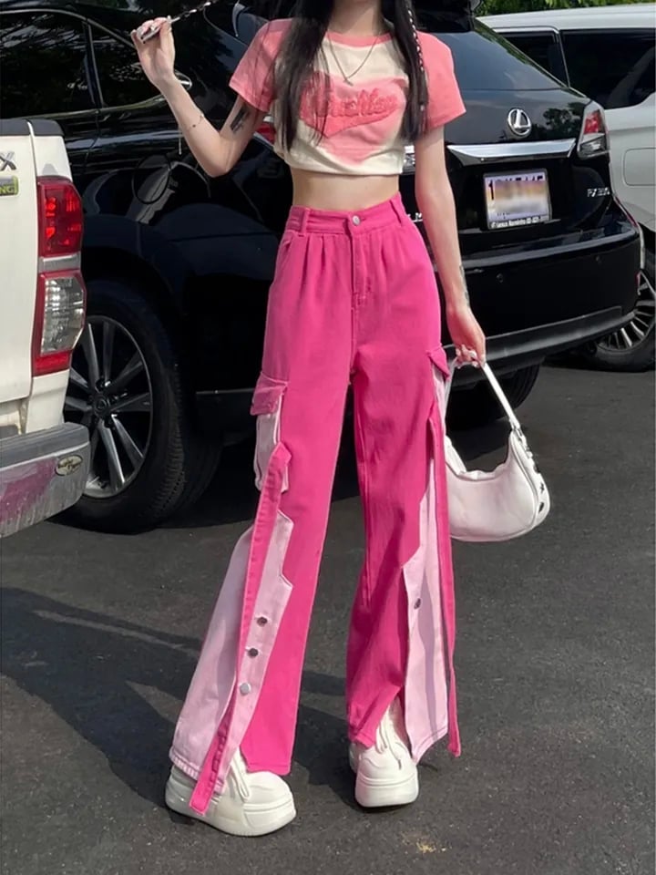 Pink Patchwork Baggy Cargo Pants