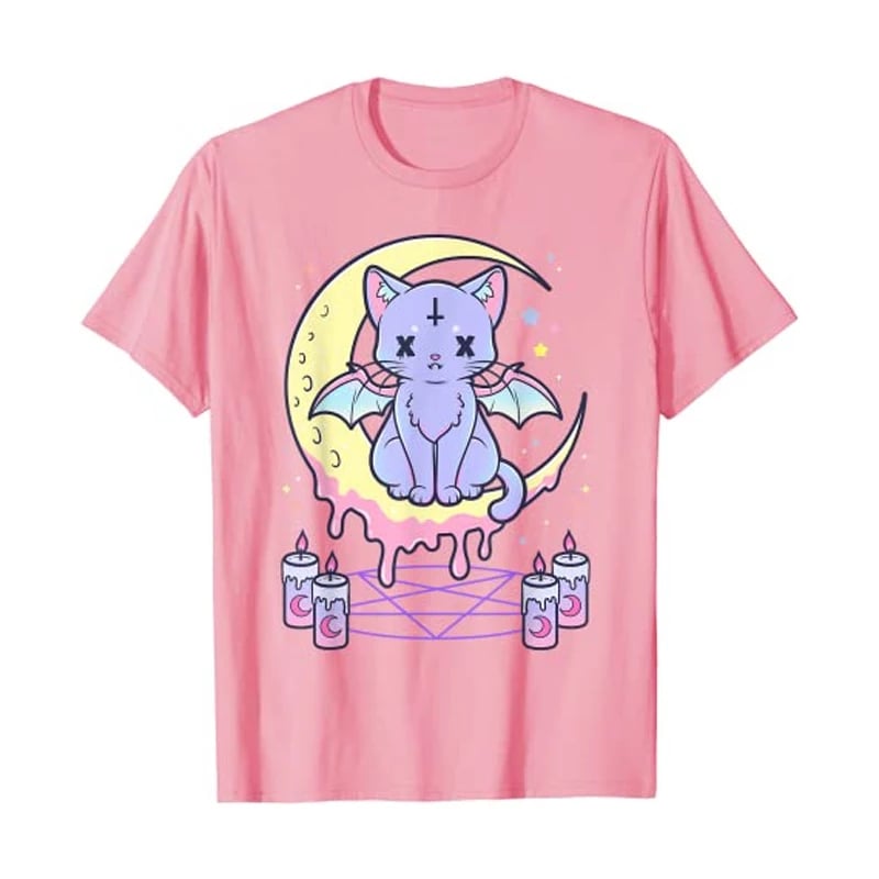 Cute Pastel Black Cat Witch Magic Moon Print Short Sleeve T-shirt Goth Punk Aesthetic Casual E-Girl Kawaii Korean Japanese Harajuku