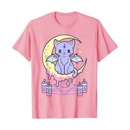 Cute Pastel Black Cat Witch Magic Moon Print Short Sleeve T-shirt Goth Punk Aesthetic Casual E-Girl Kawaii Korean Japanese Harajuku
