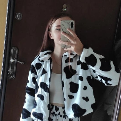 Cute Cow Animal Print Faux Fur Coat Jacket Zipper Sweater Jumper Casual E-Girl Kawaii Korean Japanese Harajuku Chinese Retro Streetwear Aesthetic