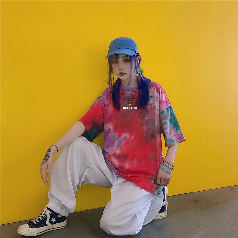 Cute Tie Dyed Hip Hop Casual Punk Goth Loose Oversized Short Sleeve Shirt Tee T-shirt E-Girl Kawaii Korean Japanese Harajuku Chinese Retro Streetwear