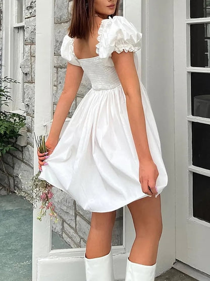 White Puff Sleeve Ruffle Trim Mini Dress
