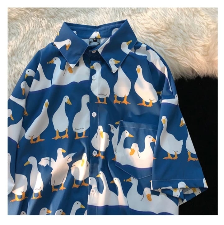 Funny Unisex Duck Cartoon Print Hawaii Beach Oversize Short Sleeve Shirt Botton Up Aesthetic Casual Summer E-Girl Kawaii Korean Japanese Harajuku