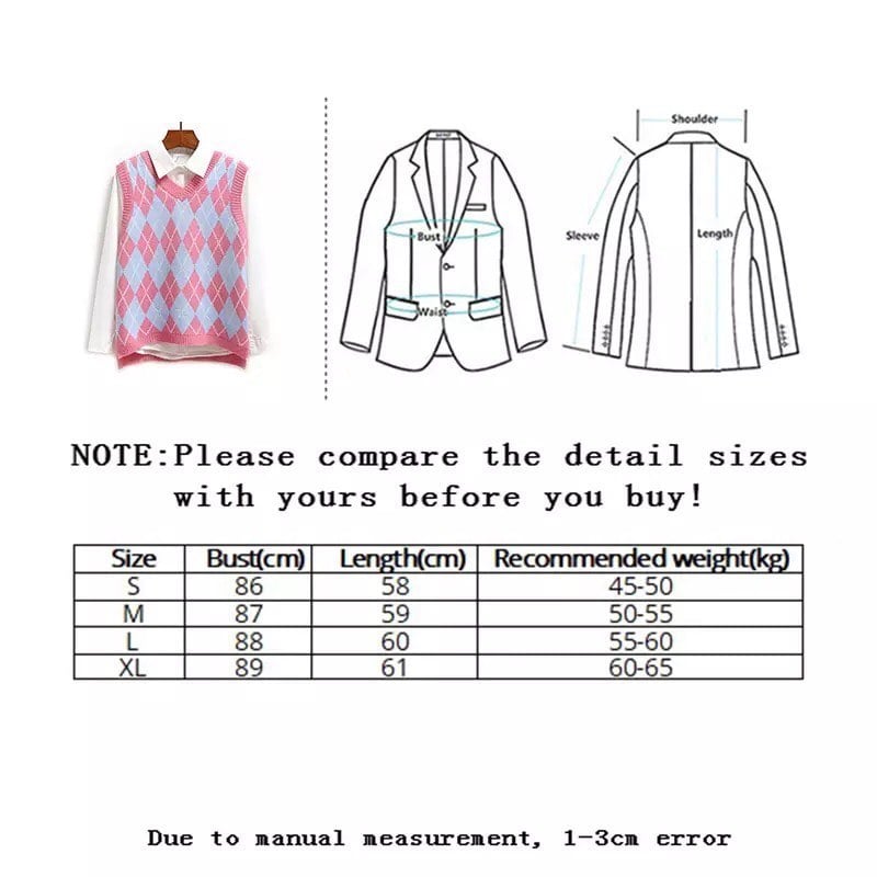 Cute Argyle V Neck Sleeveless Vest Knit Sweater Pullover Jumper Tank Top Autumn Aesthetic E-Girl Kawaii Korean Japanese Harajuku Streetwear