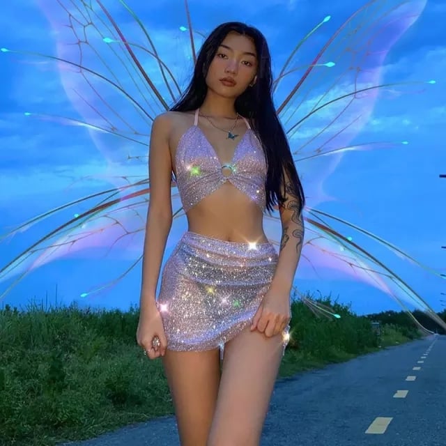 Cute Sexy Glitter Camisole + High Waist Mini Skirt Suit Backless Summer Aesthetic Casual E-Girl Kawaii Korean Japanese Harajuku
