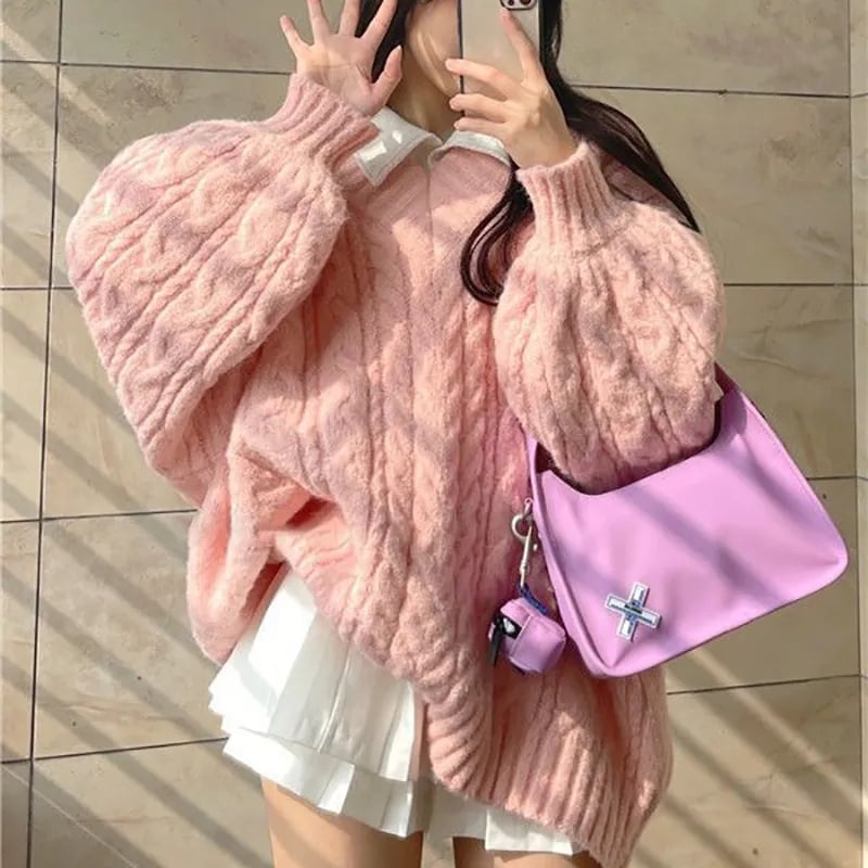Pink Preppy Cable Knit V Neck Sweater