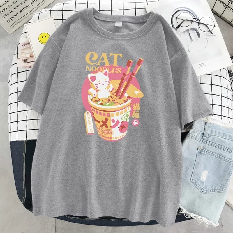 Cute Cat Noodle Ramen Graphic Cartoon Print Loose Short Sleeve T-shirt Aesthetic Casual Summer E-Girl Kawaii Korean Japanese Harajuku