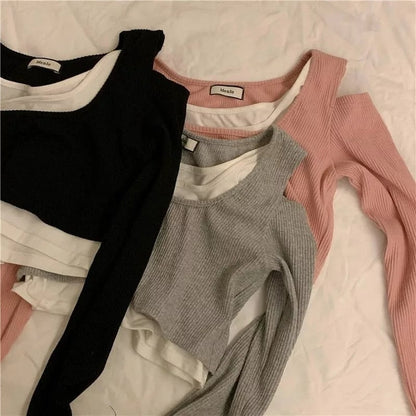 Cute Sexy 2pcs Off Shoulder Hollow Out Crop Top Long Sleeve T-shirt Vintage Punk Goth Aesthetic Casual Summer E-Girl Kawaii Korean Japanese Harajuku