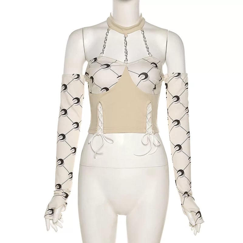 Cute Moon Print Patchwork Bandage Bustier Chain Halter Crop Top Off Shoulder Long Sleeve Shirt Aesthetic E-Girl Kawaii Korean Japanese Harajuku
