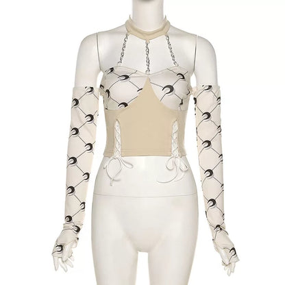 Cute Moon Print Patchwork Bandage Bustier Chain Halter Crop Top Off Shoulder Long Sleeve Shirt Aesthetic E-Girl Kawaii Korean Japanese Harajuku