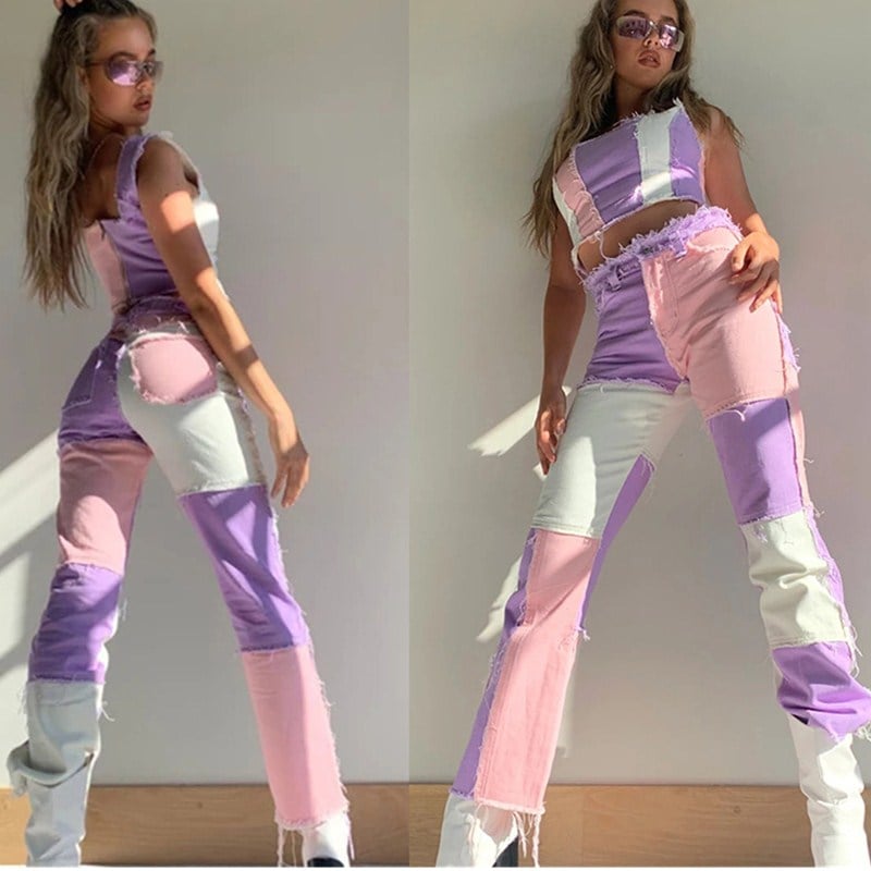 Pink & Purple Patchwork High Waist Pants