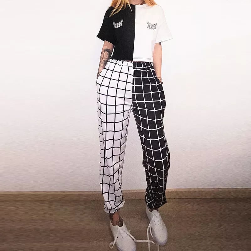 Cute Contrast Cargo Pant Loose Waist Plaid Checkered Trouser Jogger E-Girl Kawaii Korean Japanese Harajuku Chinese Retro Streetwear Aesthetic