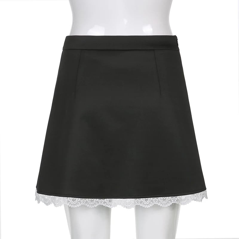 Cute Black Maid Lace Trim Mini Skirt 90s Party Summer Aesthetic Casual E-Girl Kawaii Korean Japanese Harajuku
