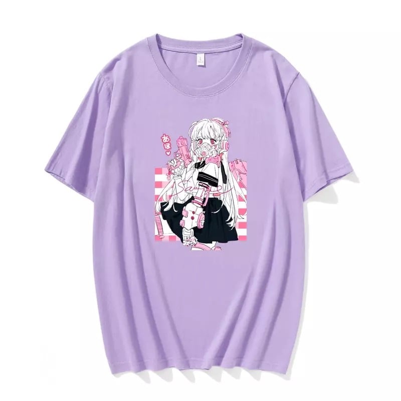 Cute Pink Black Sweet Vintage Anime Girl Cartoon Loose Short Sleeve Shirt Tee T-shirt Summer Casual E-Girl Kawaii Korean Japanese Harajuku Streetwear