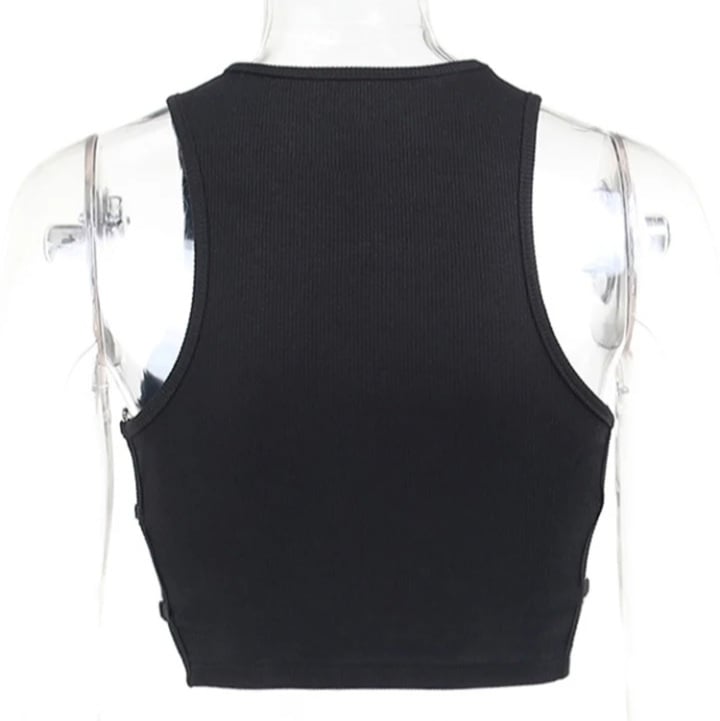 Cute Black Heart Hollow Out Ribbed Tank Crop Top Sleeveless Shirt Punk Goth Summer Aesthetic Casual E-Girl Kawaii Korean Japanese Harajuku