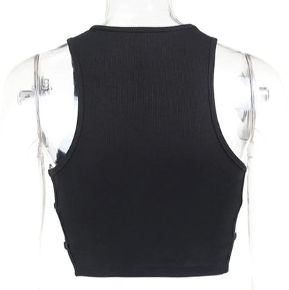 Cute Black Heart Hollow Out Ribbed Tank Crop Top Sleeveless Shirt Punk Goth Summer Aesthetic Casual E-Girl Kawaii Korean Japanese Harajuku