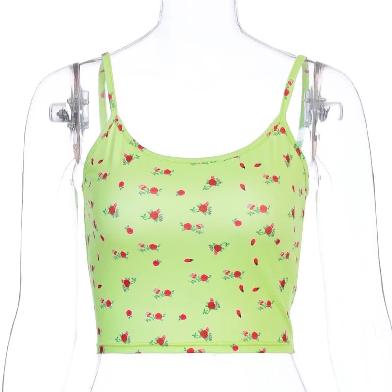 Cute Floral Spaghetti Strap Crop Top Short Sleeve Shirt T-shirt Tee Top Kawaii Korean Japanese Harajuku Chinese Retro Streetwear Aesthetic Fashion