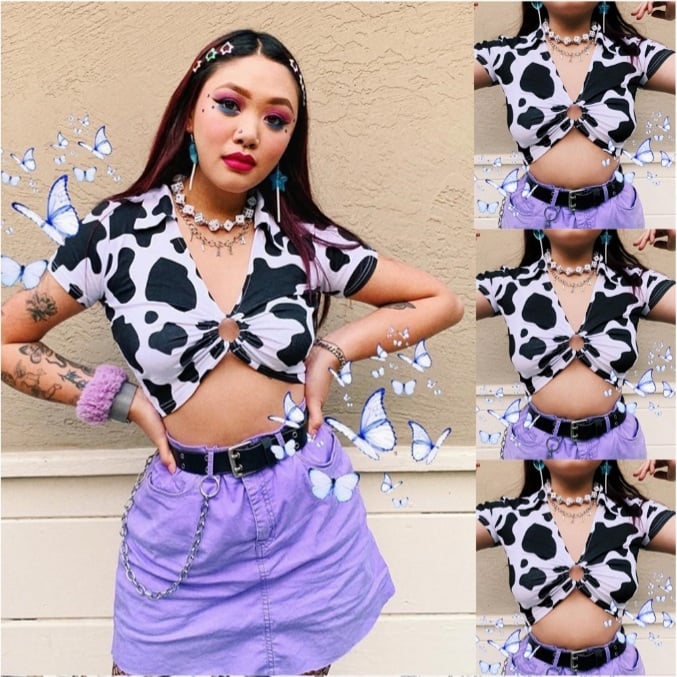 Cute Cow Print V Neck Short Sleeve Shirt Crop Top Summer Aesthetic Casual E-Girl Kawaii Korean Japanese Harajuku
