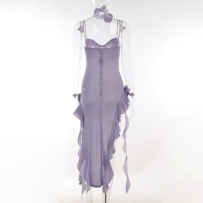 Purple Glitter Flower Frill Split Midi Dress
