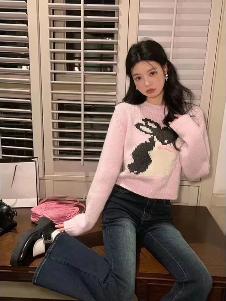 Pink Rabbit Bow Cropped Sweater