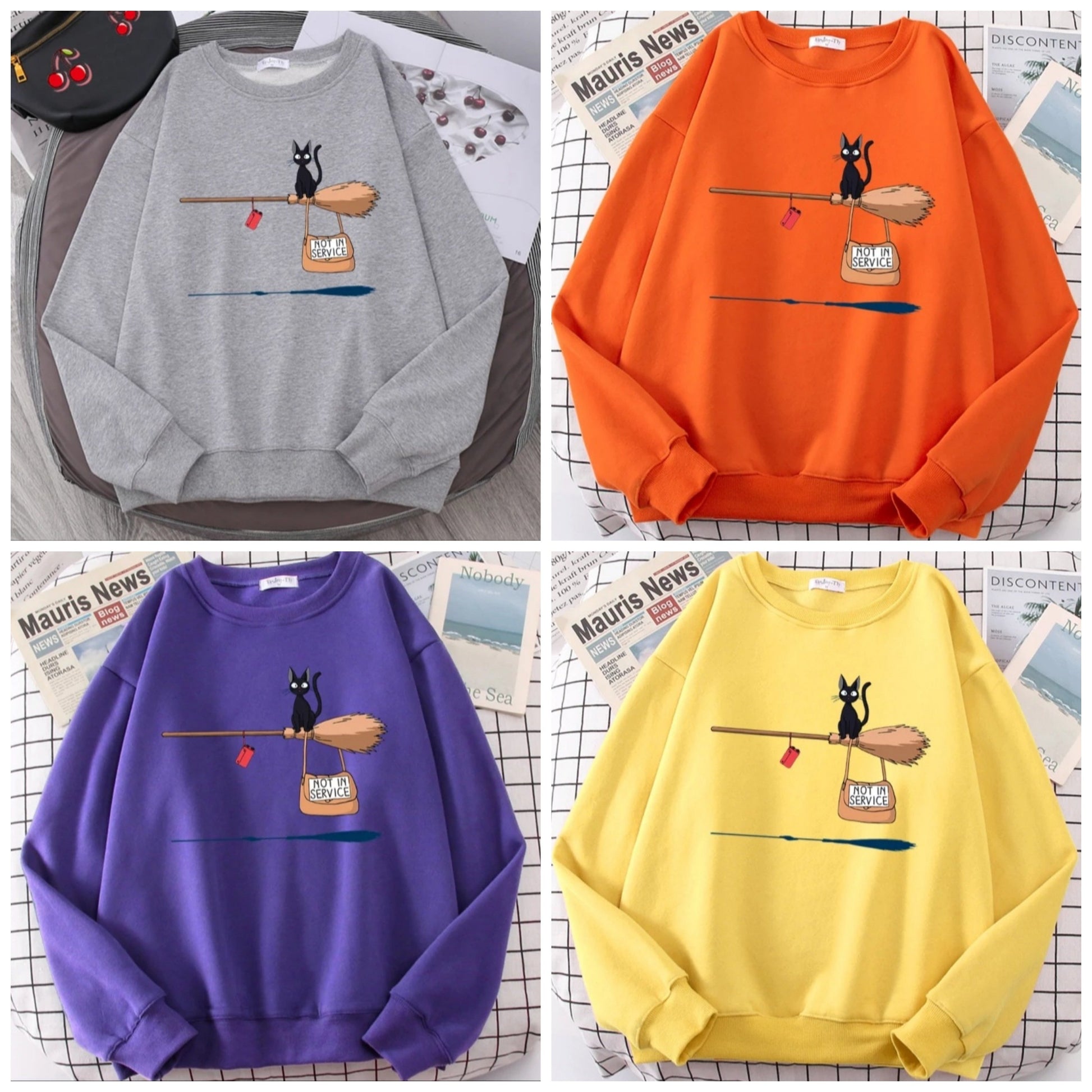 Cute Black Cat Japanese Anime Cartoon Print Oversized Fleece Crewneck