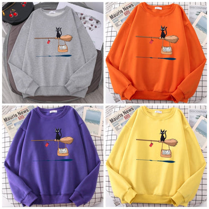 Cute Black Cat Japanese Anime Cartoon Print Oversized Fleece Crewneck