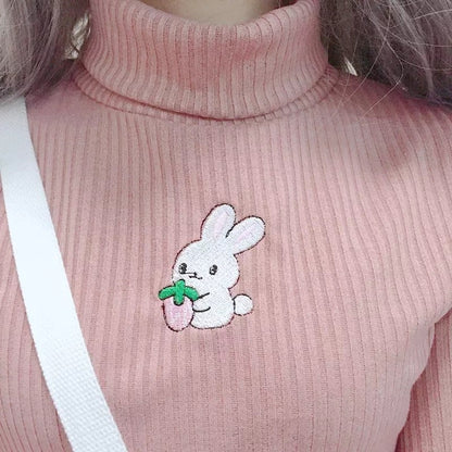 Cute Rabbit Animal Embroidery Knit Turtleneck Sweater Sweatshirt Pullover Long Sleeve Shirt E-Girl Kawaii Korean Japanese Harajuku Streetwear