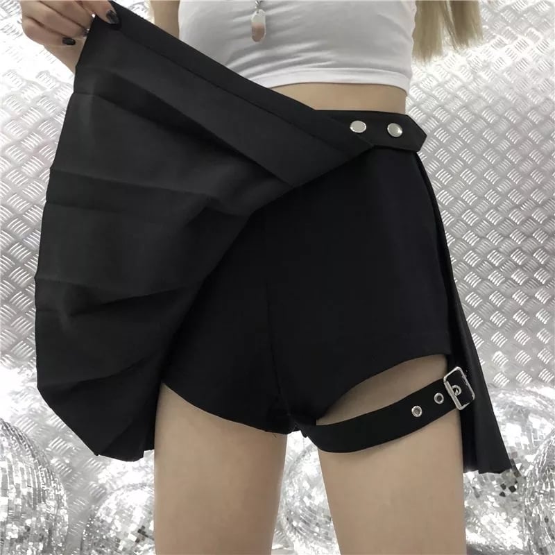 Black Punk Pleated Ruched Mini Skirt Summer Aesthetic Casual E-Girl Kawaii Korean Japanese Harajuku