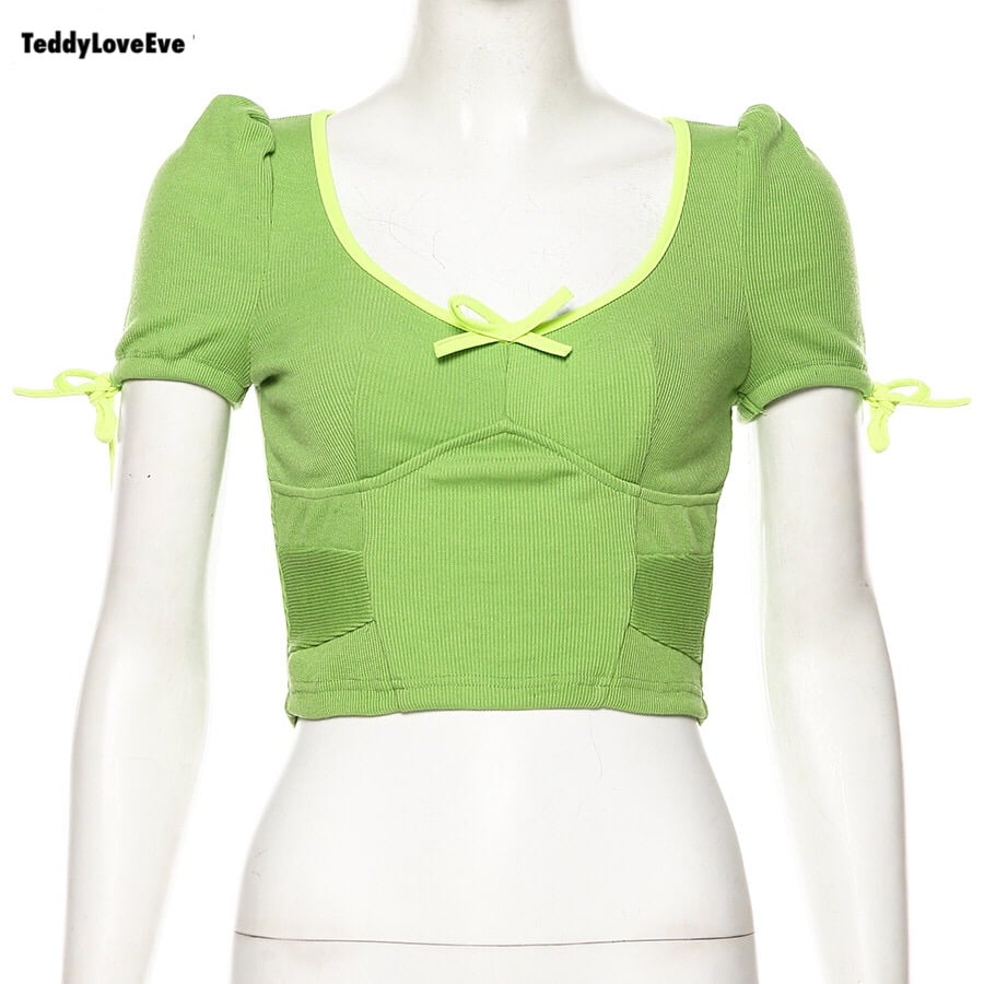 Cute Sexy Neon Green Ribbed Knit Bow Crop Top Short Sleeve Shirt Tee T-shirt E-Girl Kawaii Korean Japanese Harajuku Chinese Retro Streetwear Aesthetic