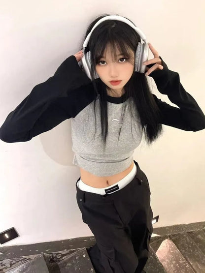Black & Grey Patchwork Long Sleeve Crop Top