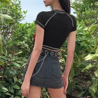 Black Japanese Anime Cartoon Print Crop Top Short Sleeve Shirt T-shirt
