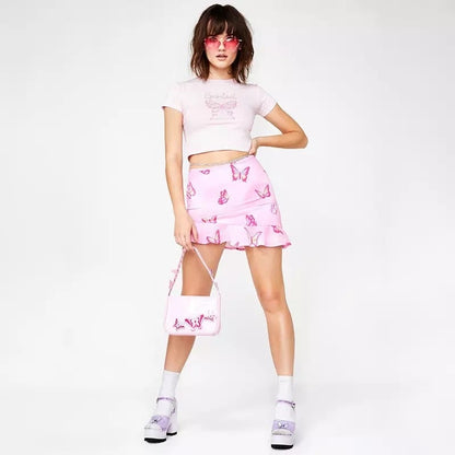 Cute Pink Butterfly Glitter Sparkle Print Crop Top Short Sleeve Shirt Tee T-shirt Summer Casual E-Girl Kawaii Korean Japanese Harajuku Streetwear